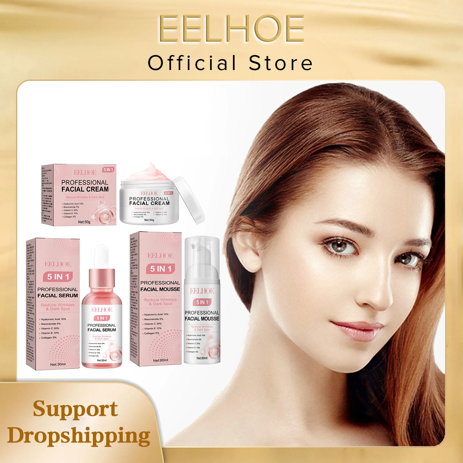 EELHOE 5 in 1 Face Serum for Glowing Skin Firming Micro Face Cream Anti Wrinkle Shrink Pores Cleansing Mousse Facial Skin Care