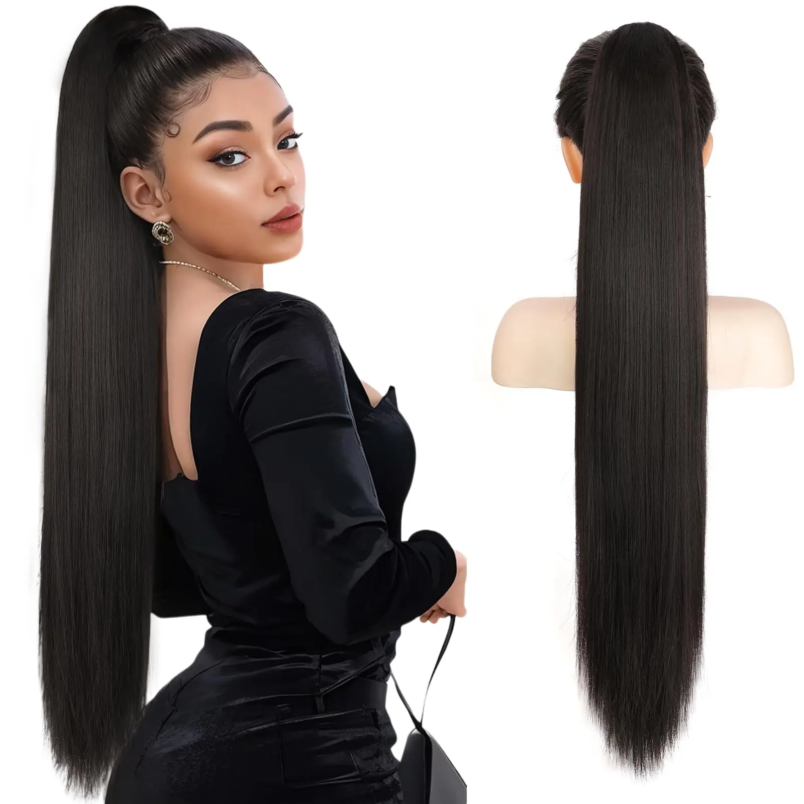 스트레이트 드로스트링 포니테일 익스텐션 브라질리언 버진 인모 익스텐션 인모 포니테일 # 1B 내추럴 블랙 컬러