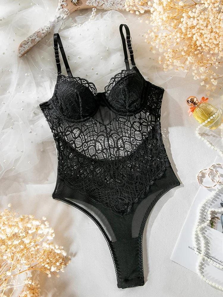 CHILLGIO body femmes Lingerie luxe fête salopette mince une pièce Transparent combinaison barboteuse noir Sexy à bretelles Catsuit