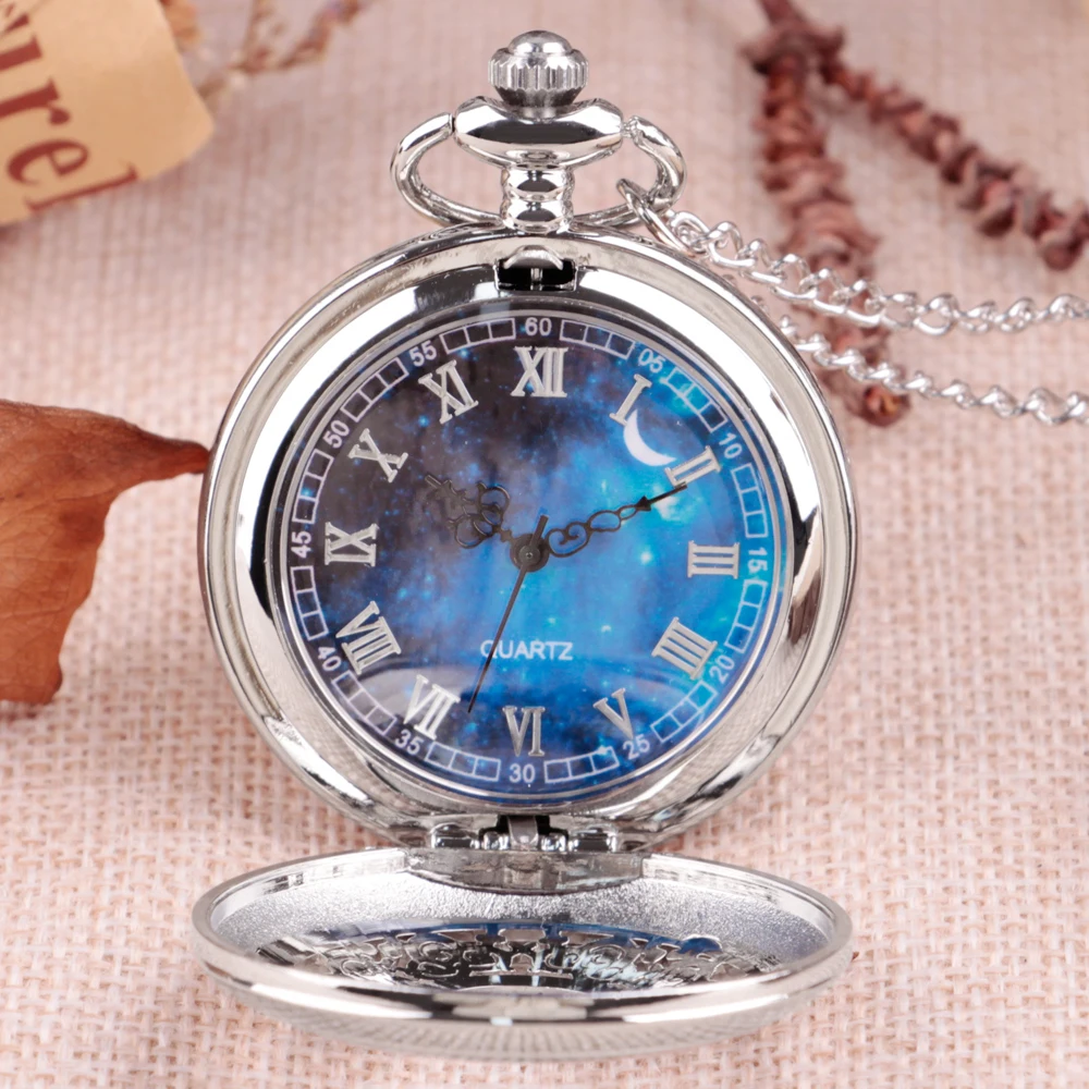 Exquise Starry Blue Dial Pendant Silver Hollow Case Quartz Pocket Watch Roman Numerals Retro Watches Souvenir Gift for Men Women