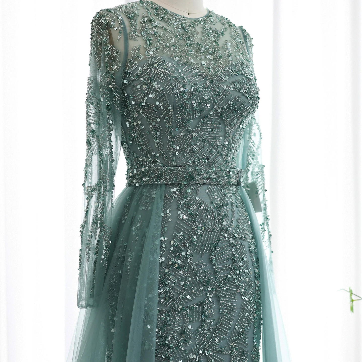 Sharon Said Luxuriöses Dubai Tüll Türkis Nude Meerjungfrauen-Abendkleid mit Überrock Arabisches Hochzeits-Formal-Partykleid SS183 Maßanfertigung – Detail 14