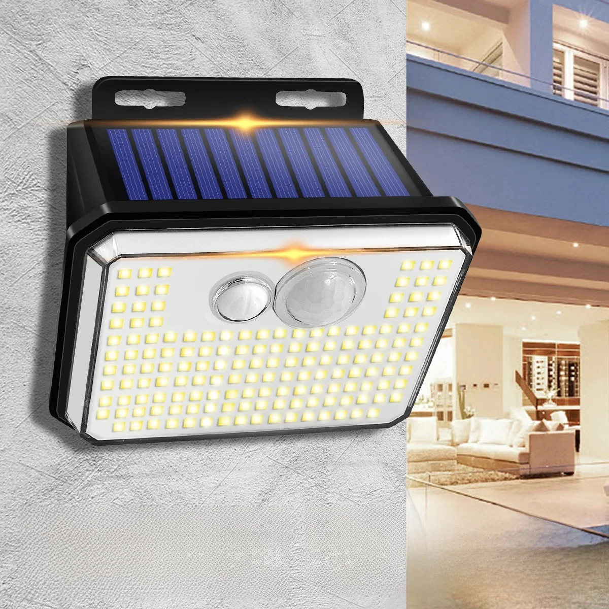 IP65 Wodoodporne słoneczne zewnętrzne światła ogrodowe Super jasne 148 diod LED Kinkiet z czujnikiem ruchu Zasilana energią słoneczną lampa bezpieczeństwa 3 tryby — zdjęcie 2