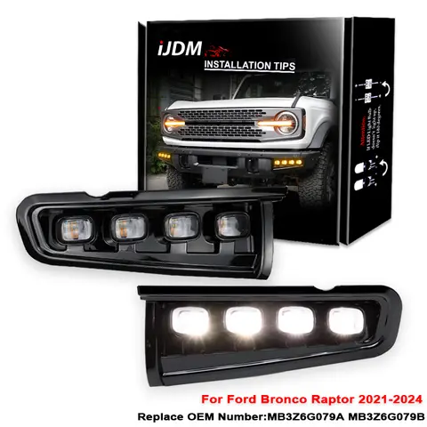 For Ford Bronco Front Bumper Reflector Replacement LED Assembly White DRL Fog Lights Dynamic Amber Turn Signal Lights 21-24