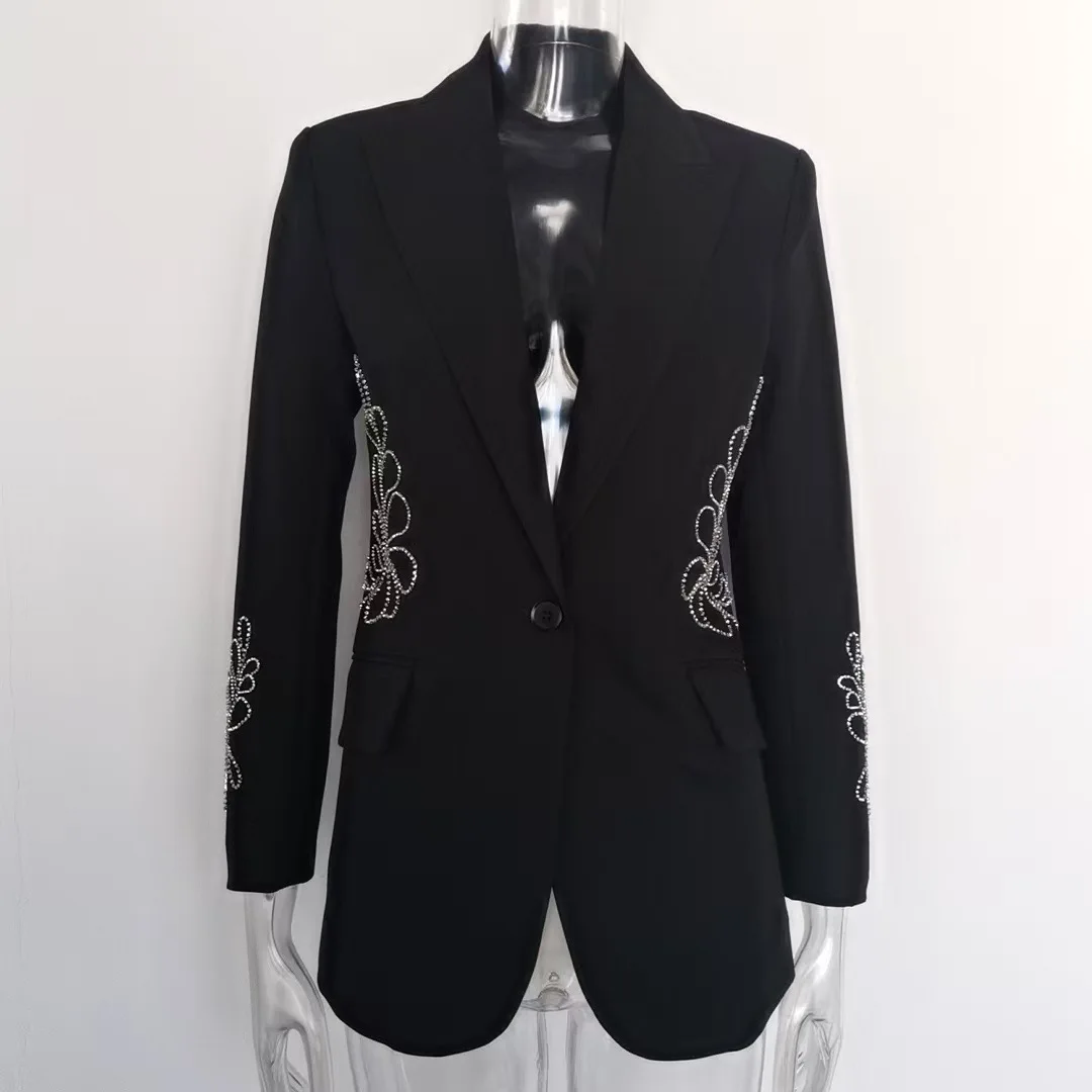 Elegant Diamond Blazer For Women Suit Embroidered Flares Notched Single Button Outwear Shiny Luxury Autumn Winter 2024