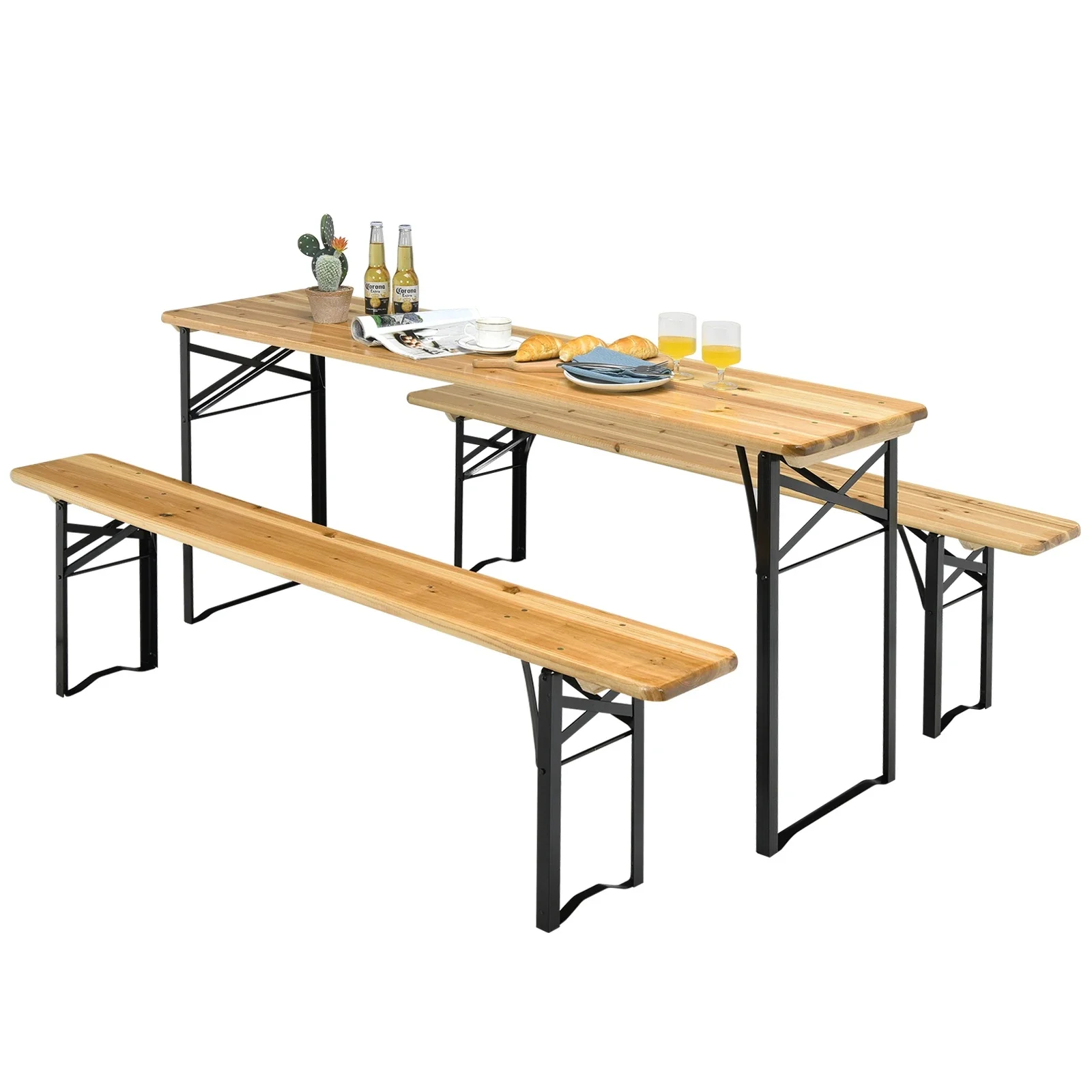 3-Delige set van Inklapbaar Picknicktafel en Bank, 178 cm Houten Biertafel met Bank set, Buiten Tafel en Bank met Stevig Stalen Frame voor Terras en Achtertuin - afbeelding 2