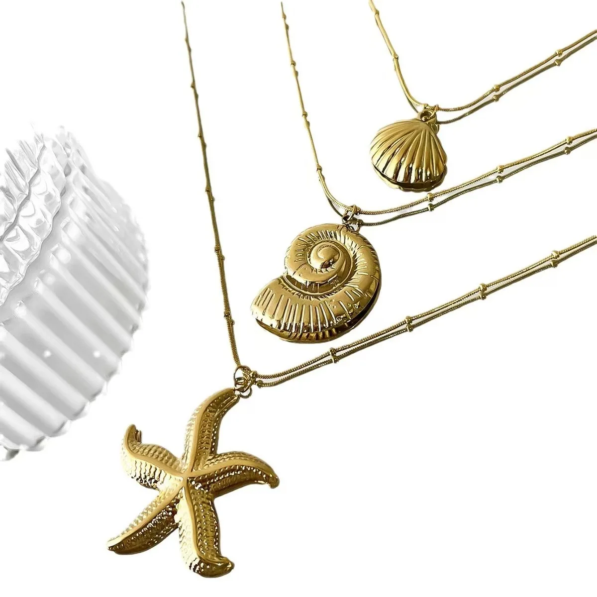 Minimalist Starfish Striped Conch Scallop Shaped Pendant Necklace for Women Waterproof Trend Jewelry Summer Beach Party image 5