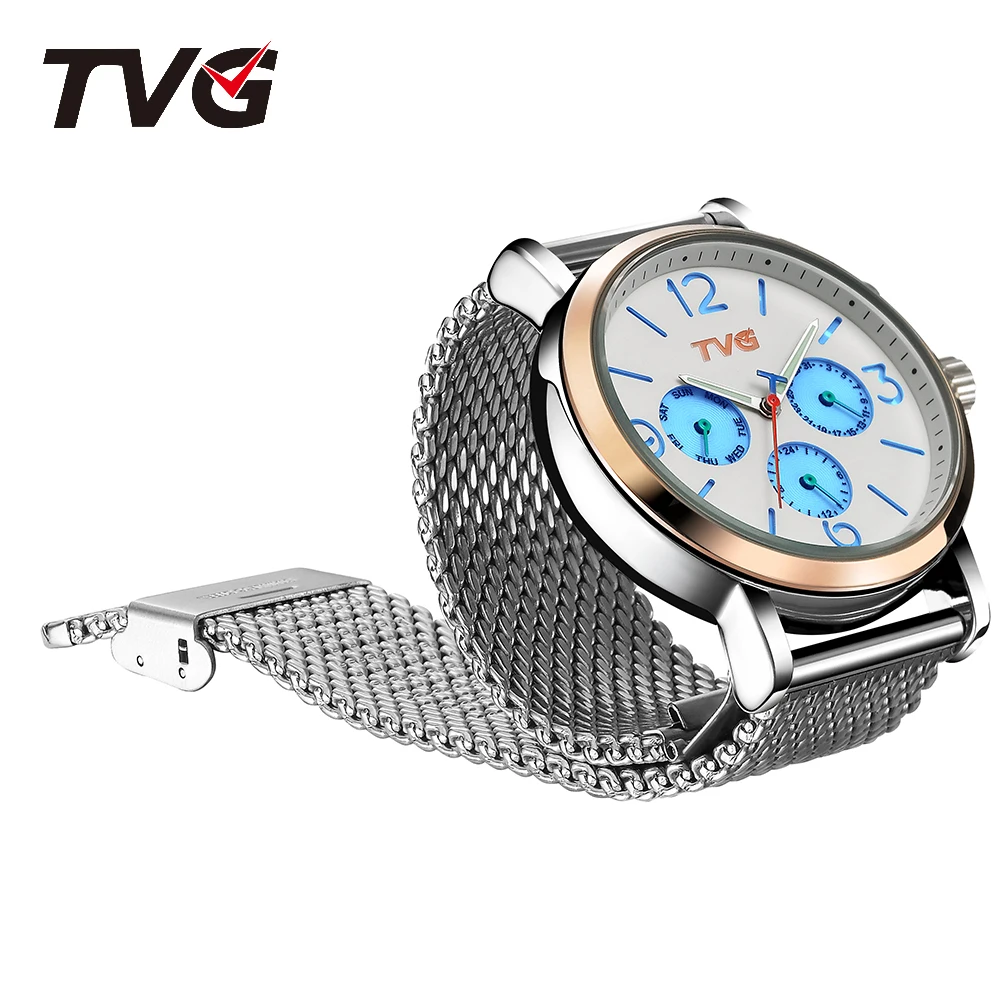 TVG brand watch Lovers Valentine\'s Day Gift Mesh belt Business Man Miss Genuine Leather Luminous Water proof Multifunction