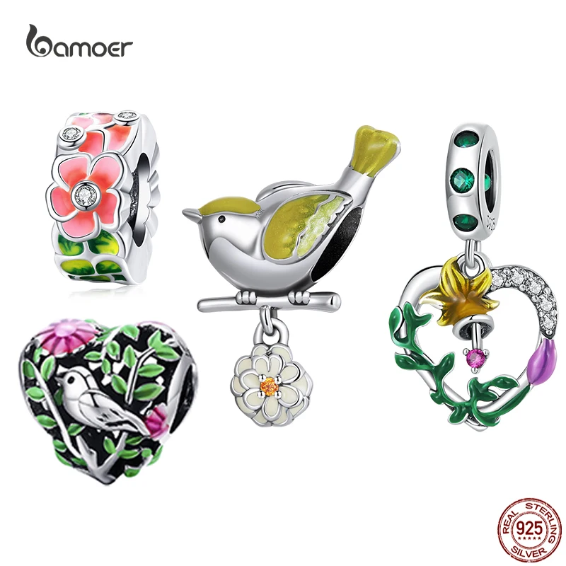 

Bamoer, серебро 925 пробы, весенний цветок, птица, животные, амулеты, бусины для женщин, подходит для оригинального DIY браслета, изысканные ювелирные изделия, подарок для девочки