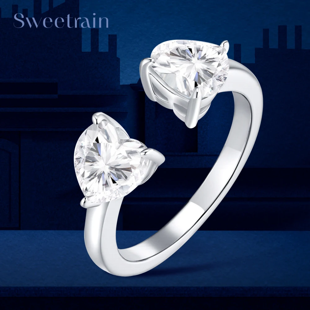 

Женские кольца Sweetrain с муассанитом в форме сердца, 2 карата, регулируемое обручальное кольцо из стерлингового серебра 925 пробы с двумя камнями и сертификатом GRA