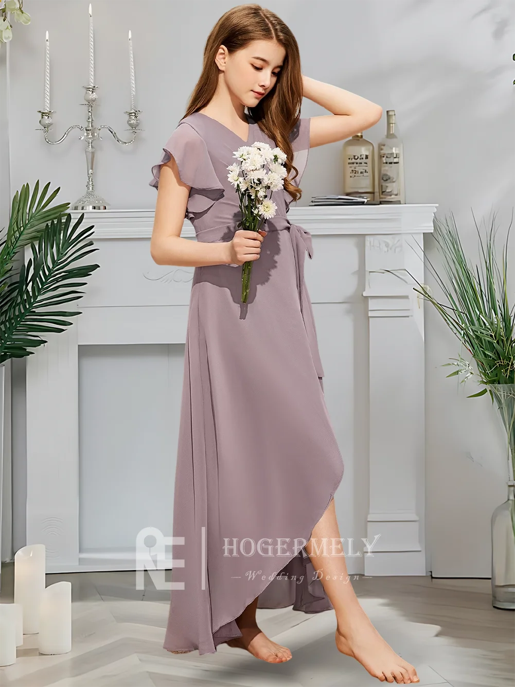 

A Kids Child A-Line V-Neck Chiffon Junior Bridesmaid Dress Twilight Flower Girl Dress Summer Communion Gown With Asym Bow