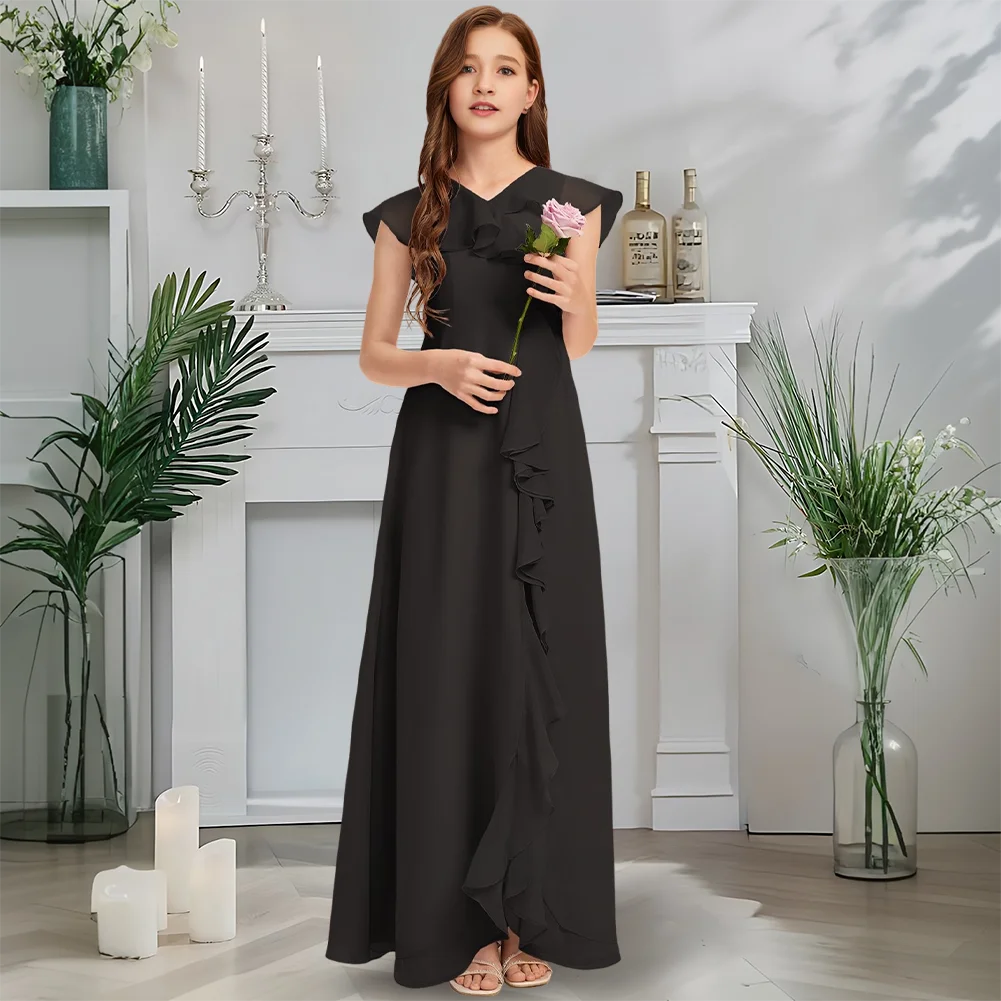 B Платье подружки невесты для юниоров с v-образным вырезом Сумерки Лавандовое платье с цветочным узором для девочек длиной до пола, шифон с каскадными оборками на свадьбу