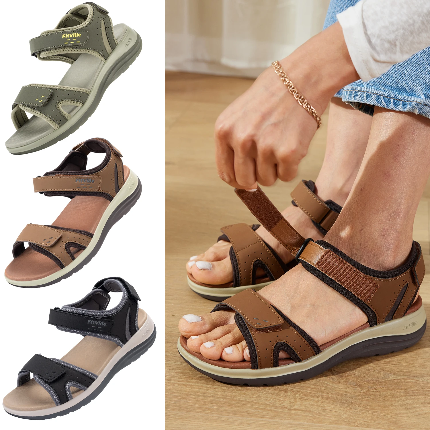 

Женские ортопедические сандалии FitVille с регулируемым ремешком на щиколотке, для опухших и плоских стоп, с широкой поддержкой свода стопы, с открытым носком