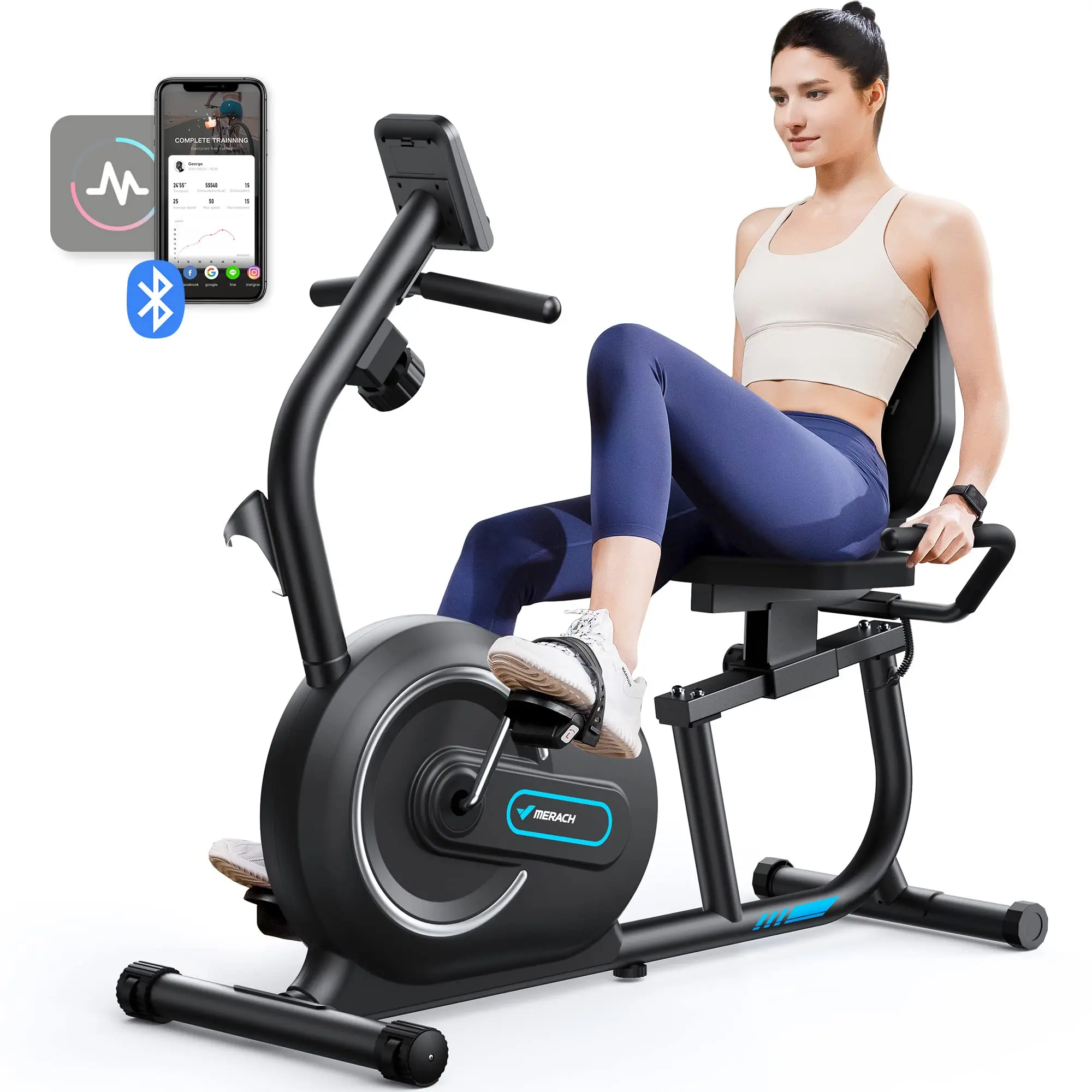 MERACH Liege-Heimtrainer für Zuhause, intelligentes Bluetooth, exklusive App-Konnektivität, LCD-Herzfrequenzgriff, magnetisches Liegerad