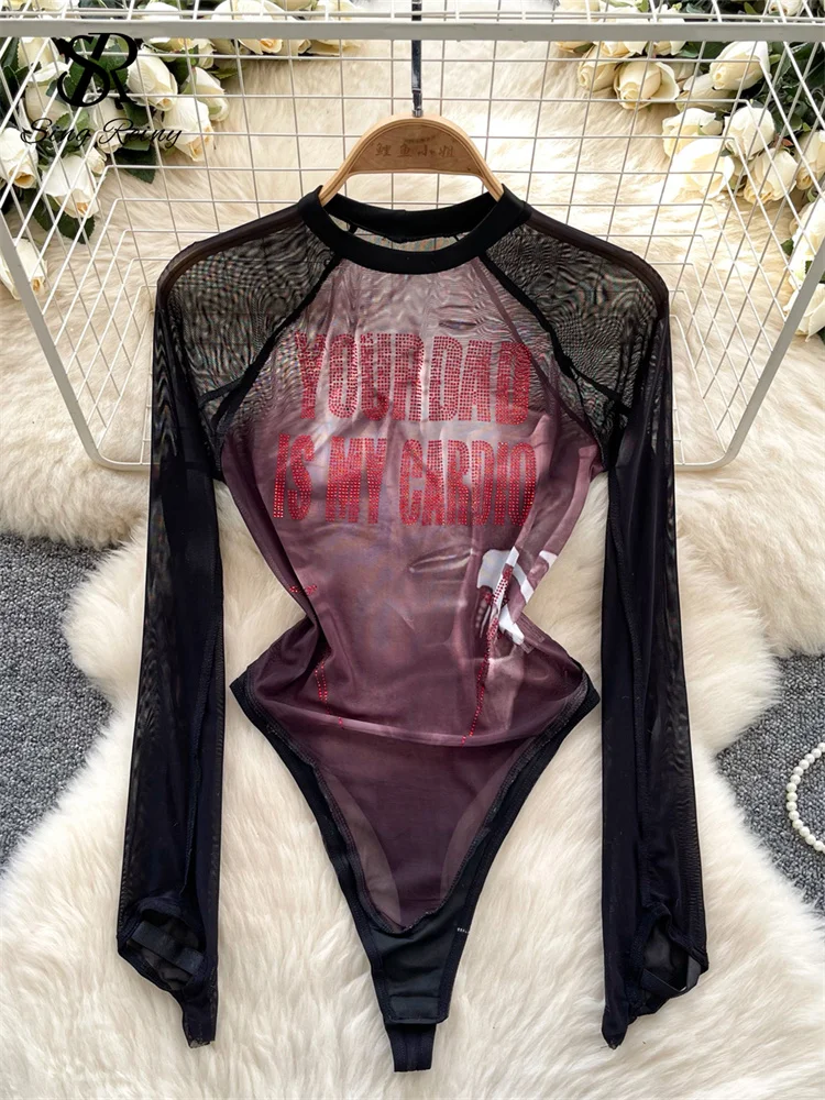 SINGREINY Beach Style Print Jumpsuits Ladies O Neck Long Sleeves Letter Diamonds Chic Mesh Splice Sheer Clubwear Sexy Bodysuits