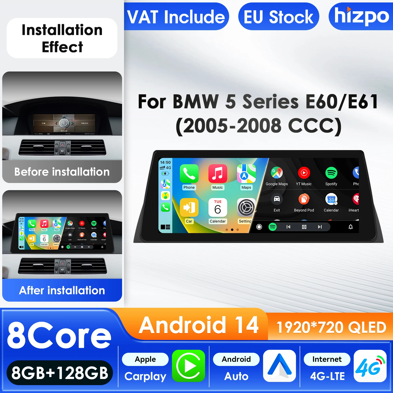 Hizpo Android 14 Carplay 4G 7862 AI Systeme Autoradio für BMW 5er E60 E61 E63 E64 3er E90 E91 E92 E93 Multimedia Video