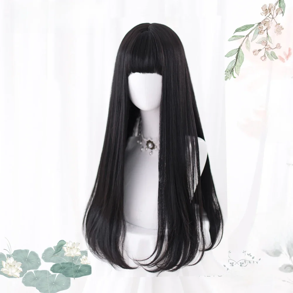 Długa Prosta Czarna Syntetyczna Peruka Damska z Grzywką Czarna Peruka Cosplay Lolita Odporna na Ciepło Naturalne Włosy — 2