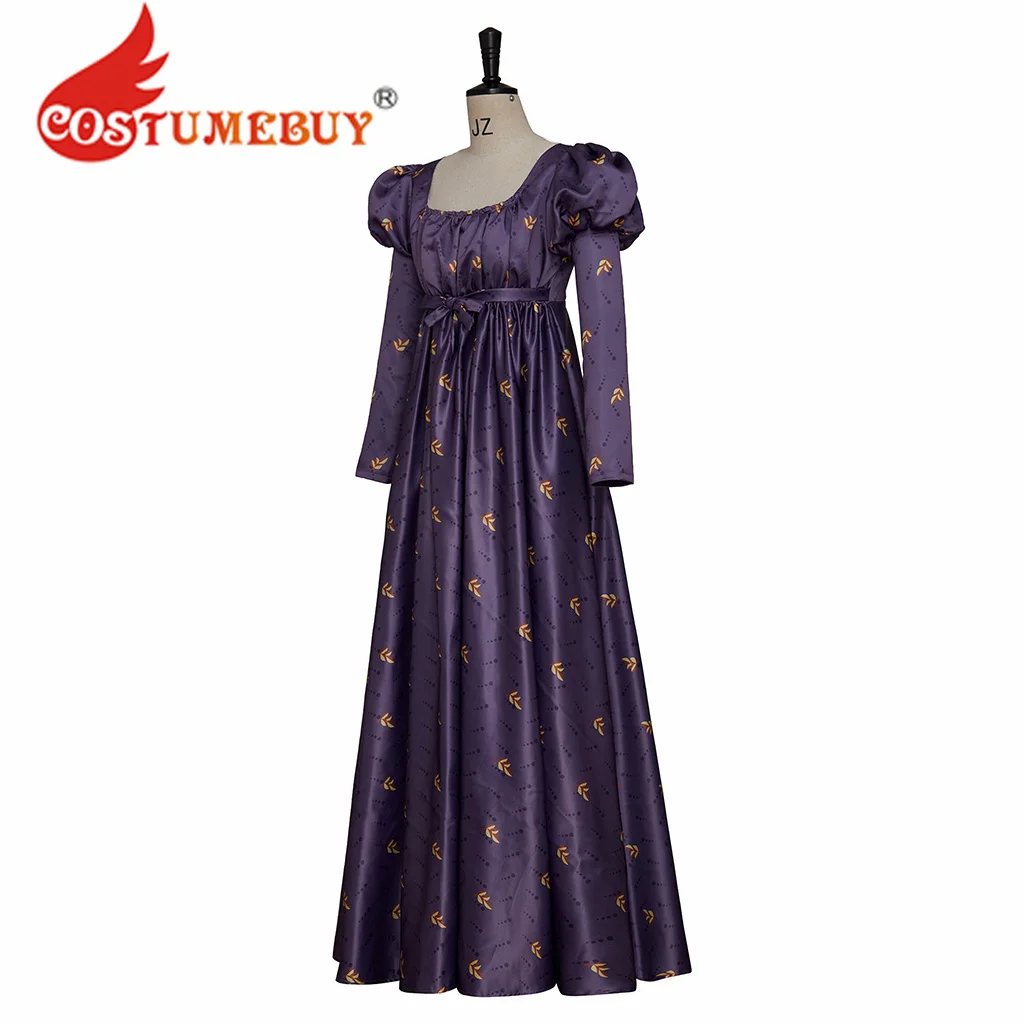 CostumeBuy Regency Empire Dress Jane Austen Vintage Dress High Waistline Tea Party Dress Gown Purple Floral Puffy Sleeve Dress