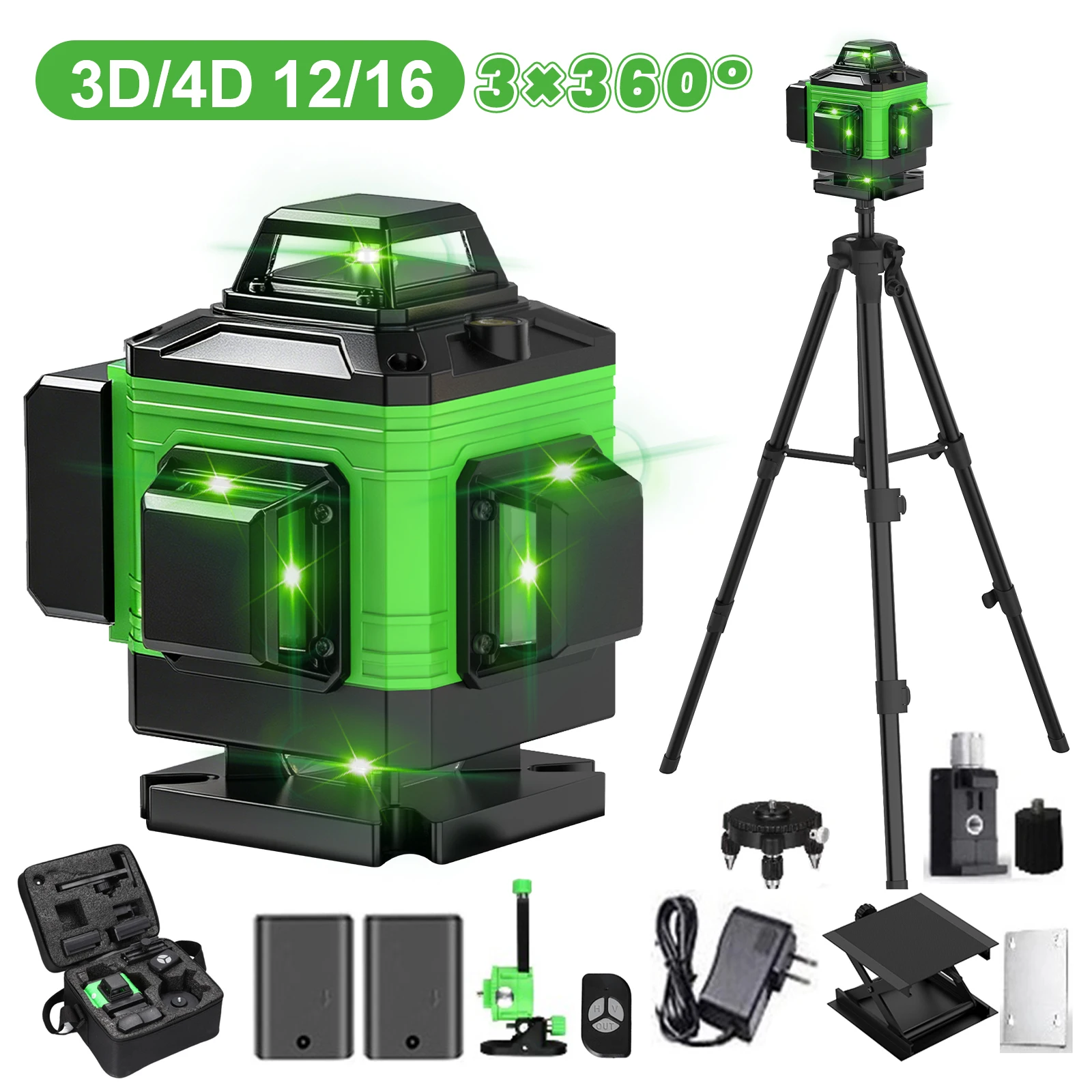 Nivel Láser 3D/4D de 12/16 Líneas 3×360 ° Nivel Láser Verde para Piso 3 ° Herramienta de Medición Láser Vertical y Horizontal con Autonivelación, Recargable por USB