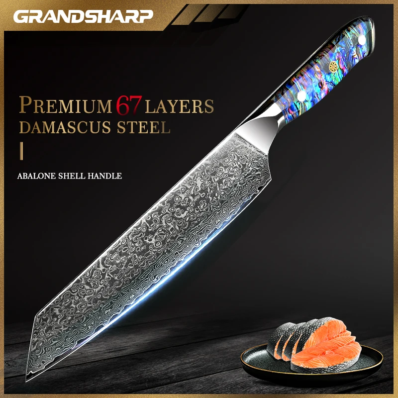 Grandsharp 2023 New Model Japanese Kiritsuke Knife Chef Knives Damascus Steel Abalone Shell Handle Best Kitchen Knives Cleaver