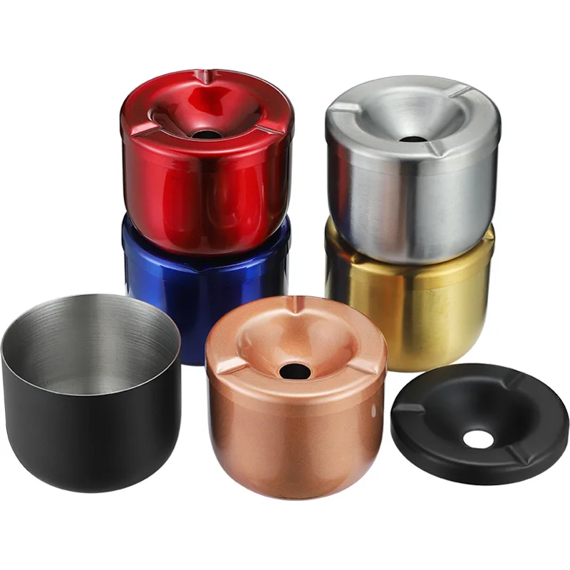 Round Stainless Steel Cigarette Ashtray with Lid Portable Metal Windproof Outdoor Ash Tray for Car Smoking Accessories