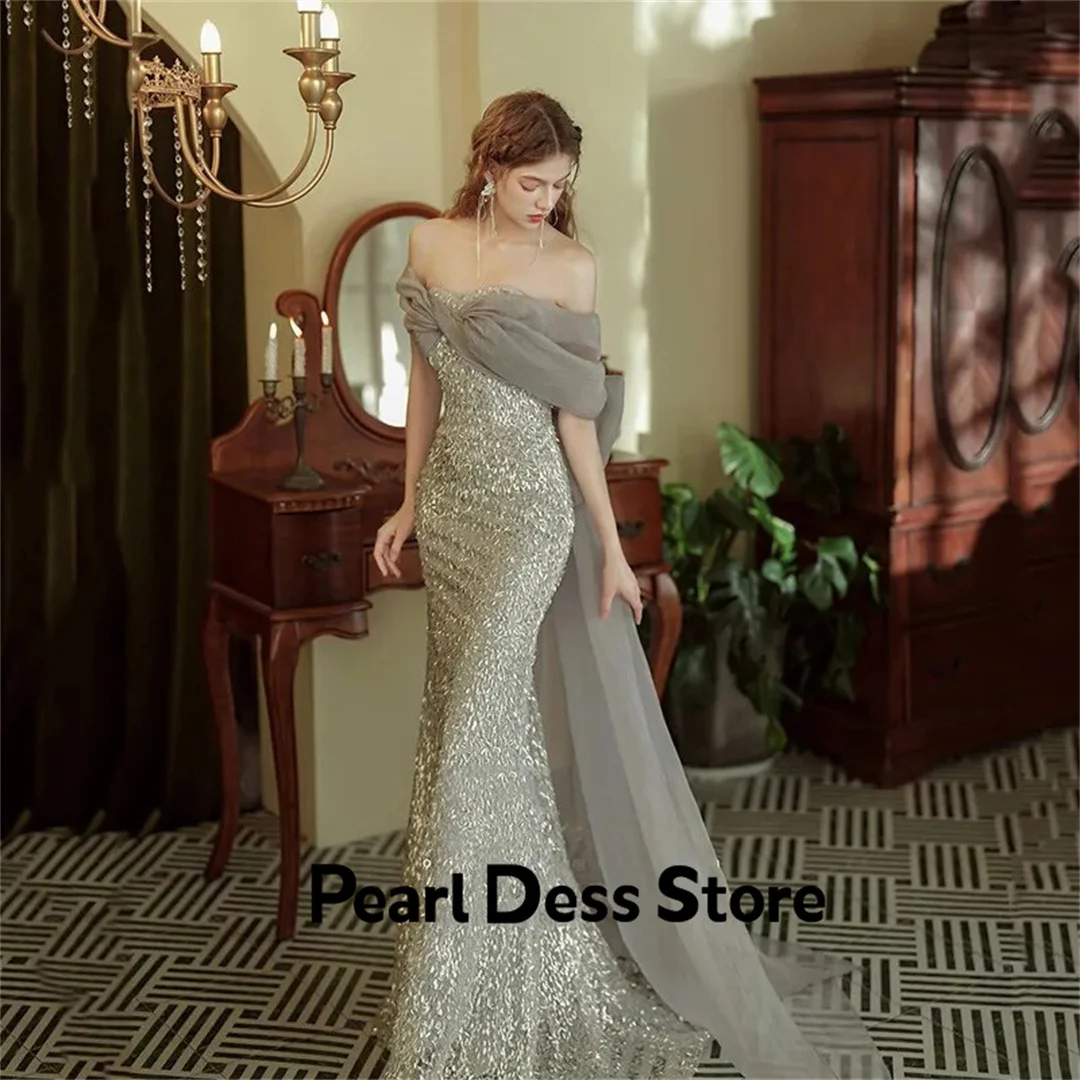 Luxury Beaded Ball Dress 2023 Vintage Sparkling Mermaid Off Shoulder Detachable Bow Tail Bridal Dress Silver Grey