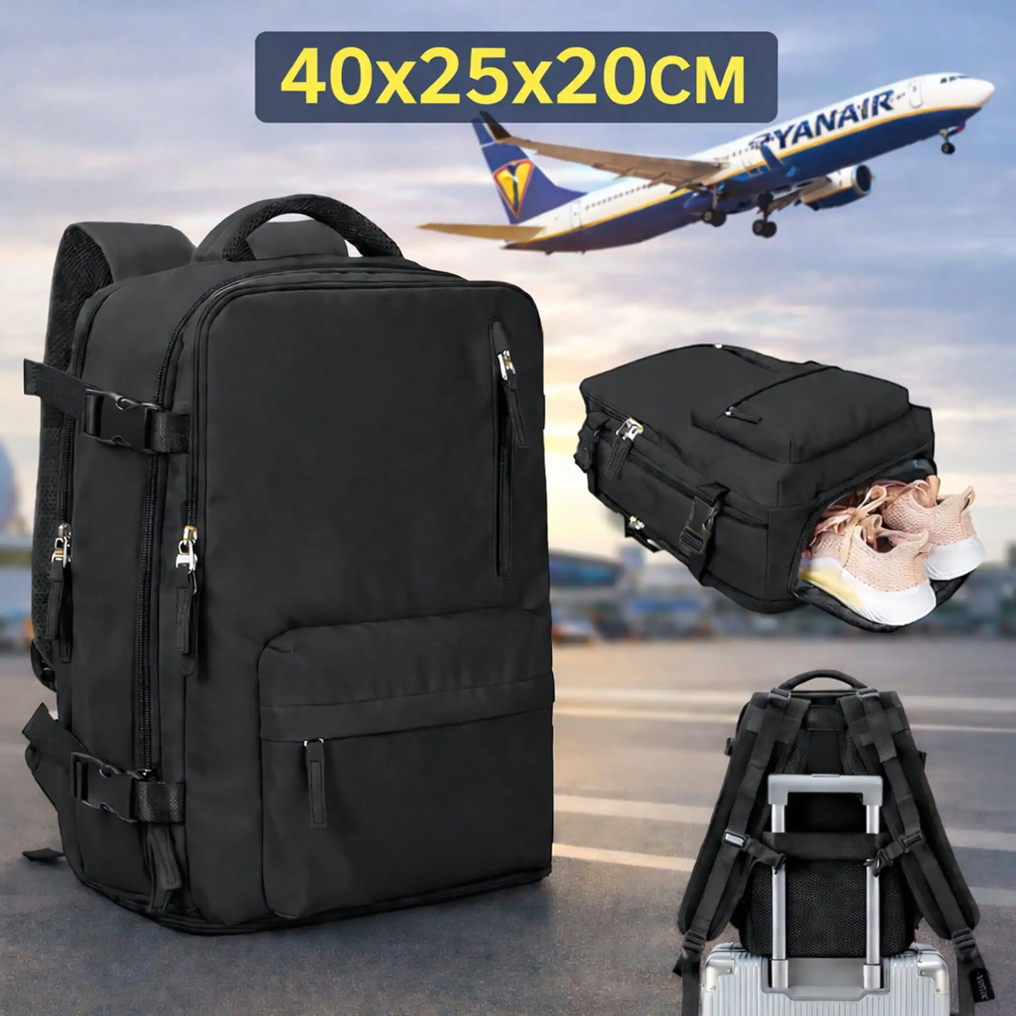 Sac à dos de cabine approuvé par Ryanair, 40×20×25 cm, avec compartiment pour chaussures, sac de transport sous le siège, convient aux ordinateurs portables de 14 pouces