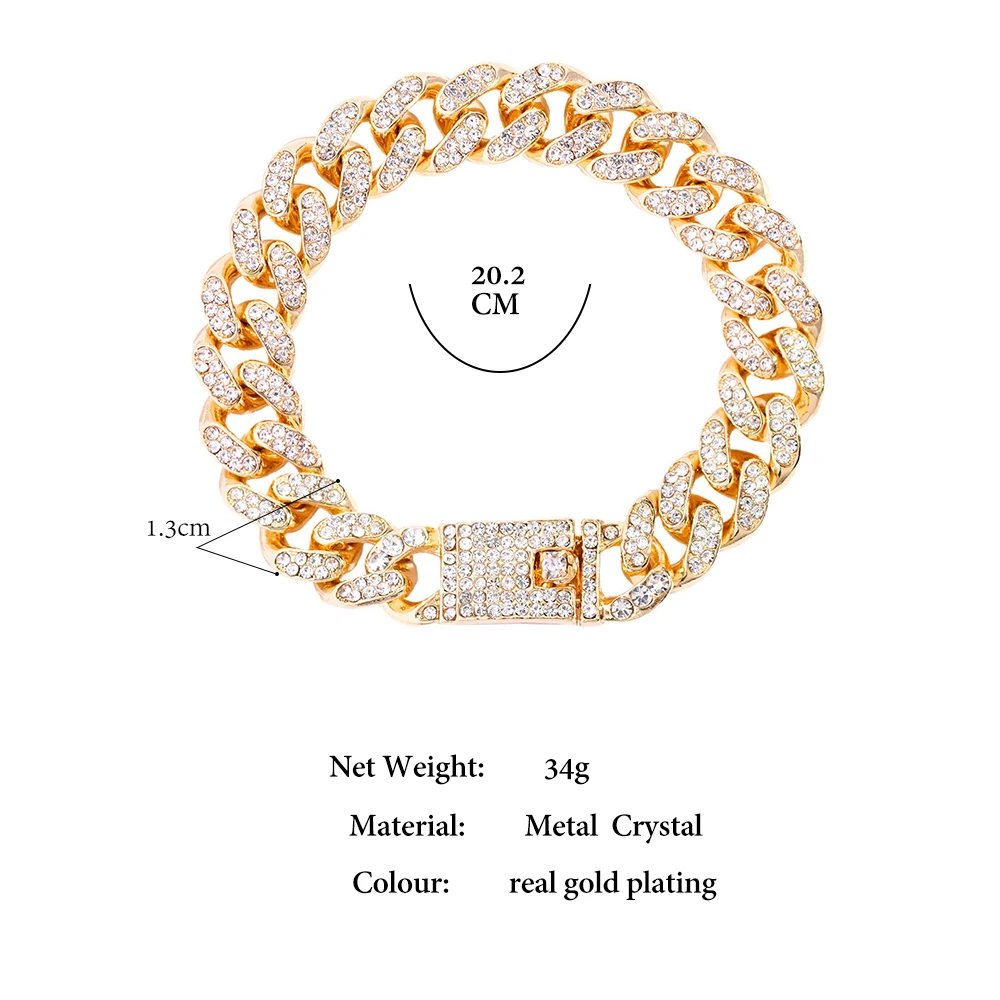 Hip Hop Cuban Link Bracelet Silver Color Iced Out Rhinestone Miami Chain