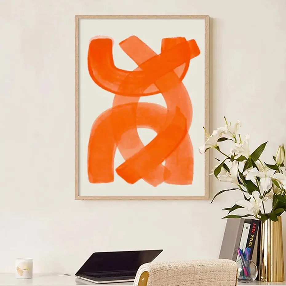 Modern Abstract Mid Century Watercolor Brush Strokes Poster Orange Canvas Print Painting Wall Art Picture Living Room Home Decor