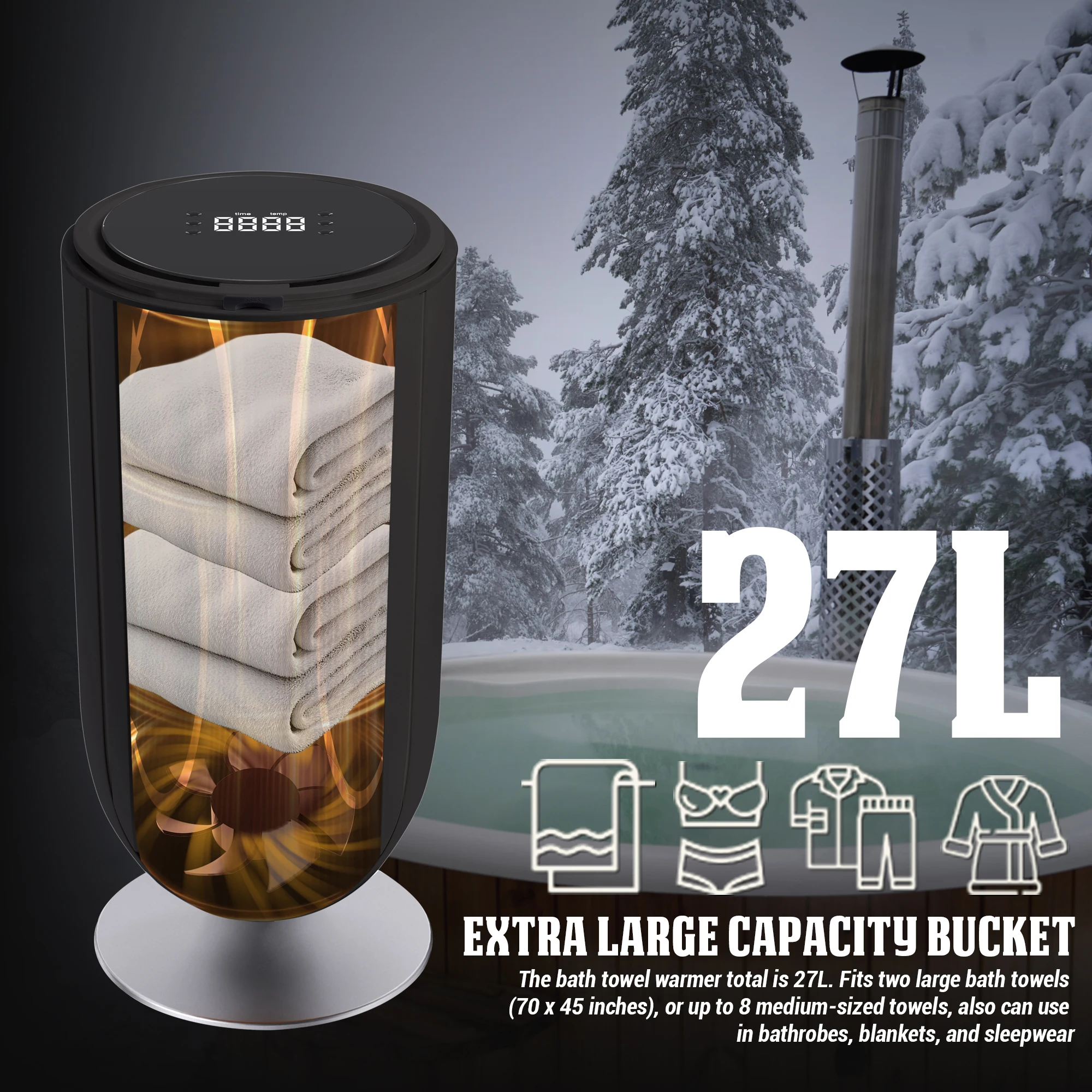 Phantomgogo aquecedores de toalhas elétricos para banheiro aquecedor de toalhas balde cobertor aquecedores para casa roupões aquecedor 27l grande
