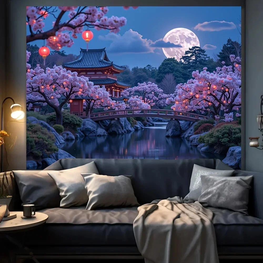 Tapisserie de temple de fleur lunaire – Tenture murale de jardin japonais séène avec pleine lune et fleurs de cerisier pour la décoration de la maison