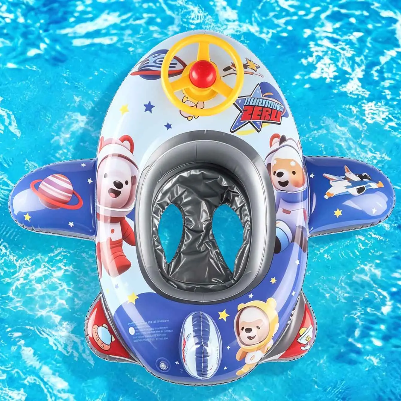 1PC PVC Inflatable Swim Ring Pool Floats Cartoon Space Water Tube with Steering Wheel for Swimming Pool Beach