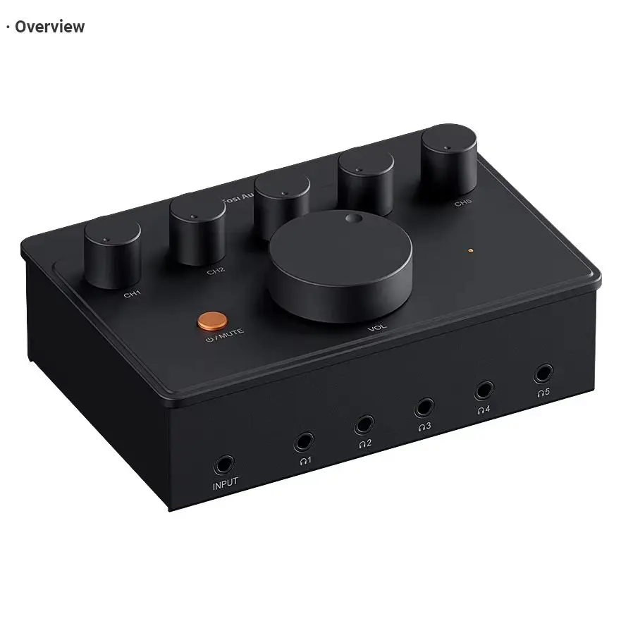 Fosi Audio PH05 Amplificatore per cuffie a 5 canali, mini amplificatore da tavolo con interfaccia audio, monitor Podcast supporta 16-300 Ω con 12V