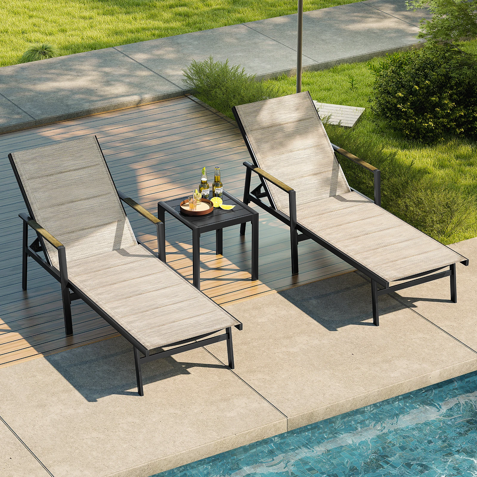 SEEHILL 3-Piece Outdoor Chaise Lounge Set, Never-Rust Aluminum Patio Lounge Chairs with Side Table, Double-Layer Textilene Pool Lounge Chairs, Adjustable Backrest Sunbathing Loungers for Beach, Garden