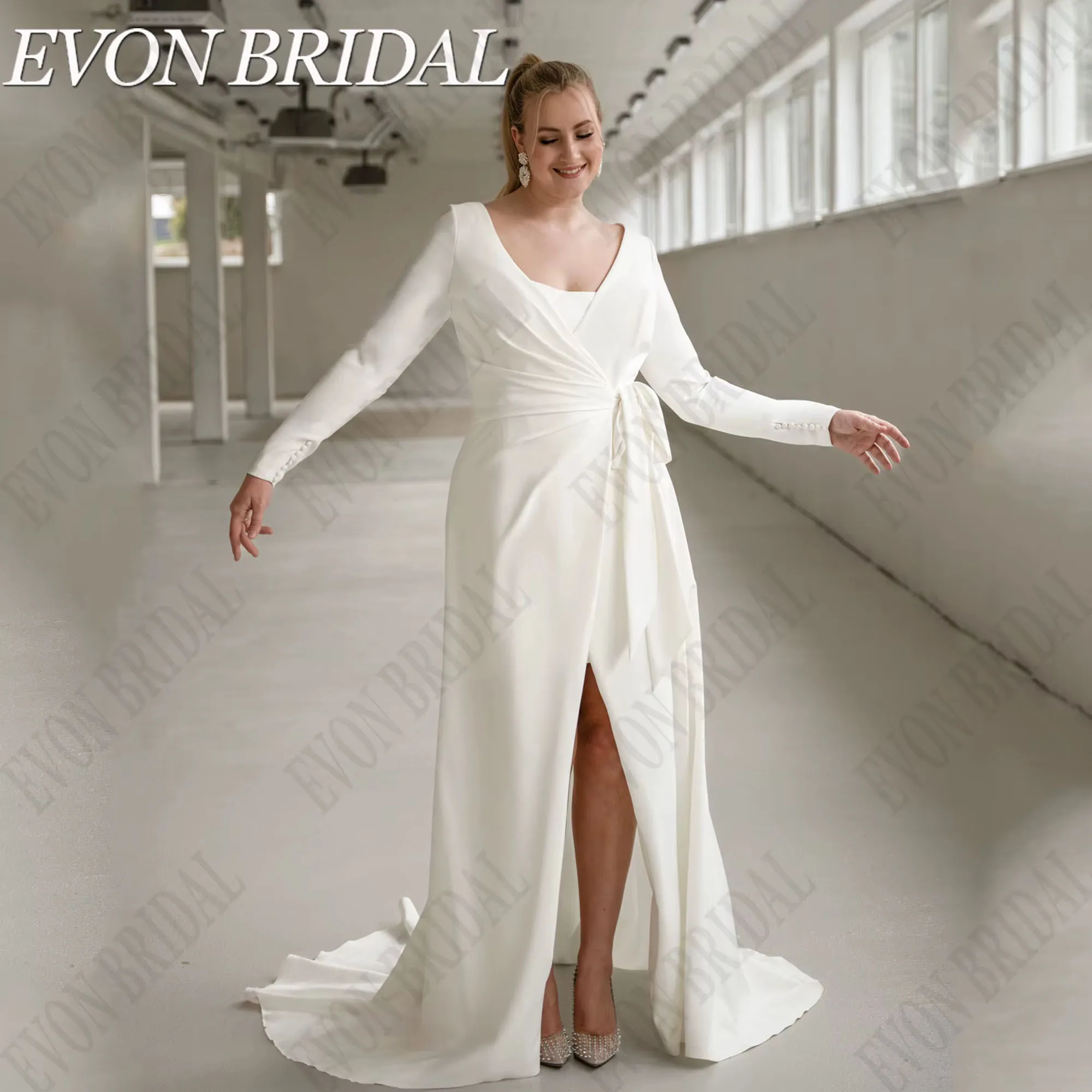 2 in 1 Satin Large Size Wedding Dress Long Sleeves Mermaid Bride Gowns Front Split Vestidos De Novia EVON BRIDAL Customized
