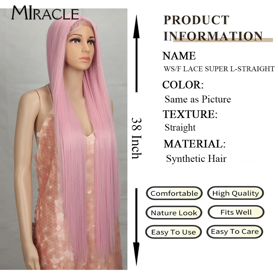 MIRACLE Synthetic Straight Lace Wig for Women Blonde Cosplay Wig Soft Long 38Inch Fiber Hair Lace Front WIg Heat Resistant