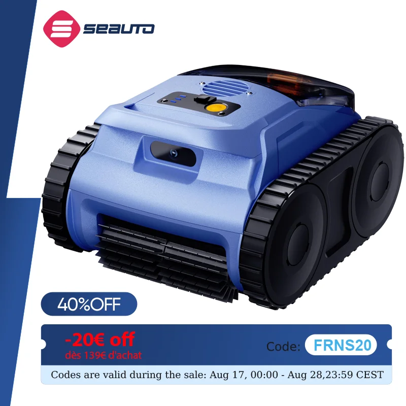 Aspirateur de piscine Seauto SAT20pro, 150 minutes d'autonomie, pour piscines jusqu'à 2000 pieds carrés, aspiration puissante de 45 000 Pa, fonction de grimpement des murs, pour piscines hors sol.