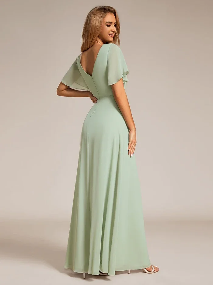 Ever Pretty Elegant High Slit V-Neck Lotus Leaf Ruffles Sleeve Asymmetrical Ruched Empire Waist Chiffon Evening Dresses