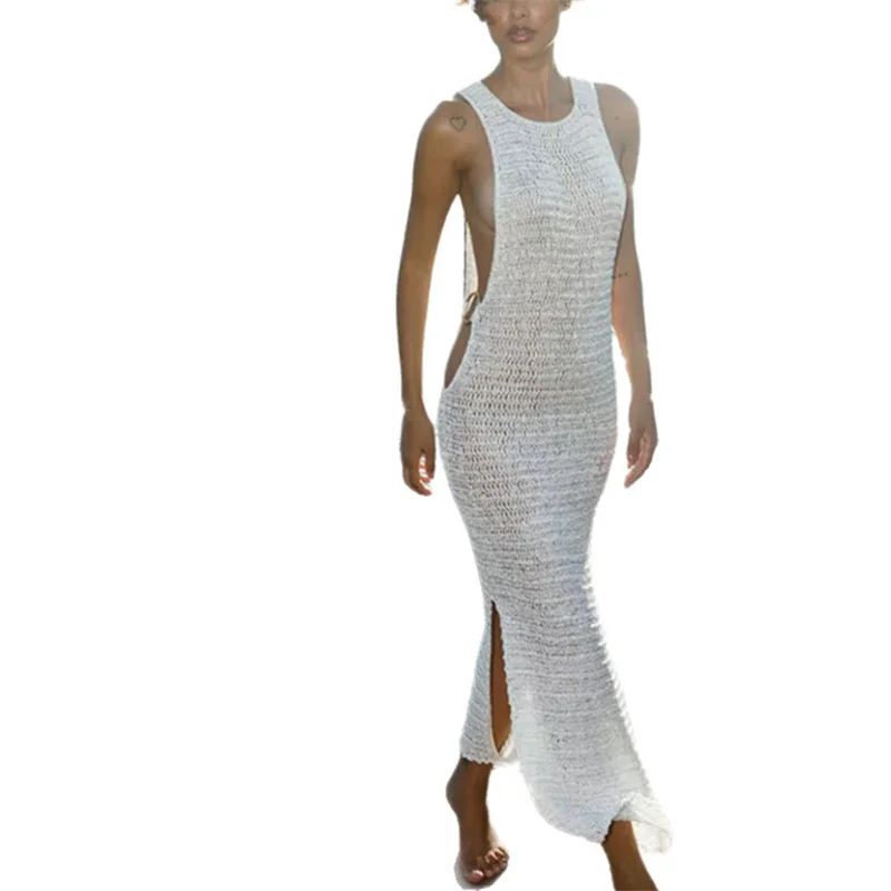 Damska przezroczysta, długa sukienka z dzianiny, bez pleców, z wycięciem, rozcięciami po bokach, szydełkowa osłona do bikini, seksowny letni strój kąpielowy, przezroczysty kostium kąpielowy