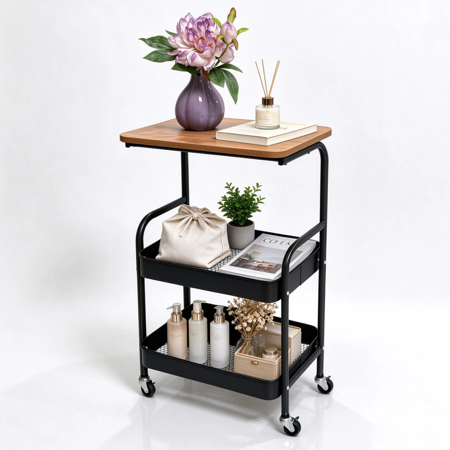 Rolling Kitchen Cart with Wooden Tabletop, 3 Tier Mobile Storage Trolley with Locking Casters, Multi-use Movable Prep Side Table, Metal Organizer Cart for Kitchen Vegetables, Seasonings and Cookware Storage