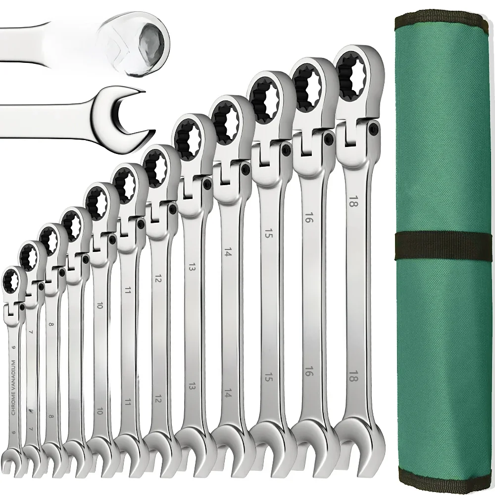 Ratelsleutel Set 8-22mm Tandwielring Ratel Combinatiesleutelset Metrische flexibele kop met canvas tas - afbeelding 2