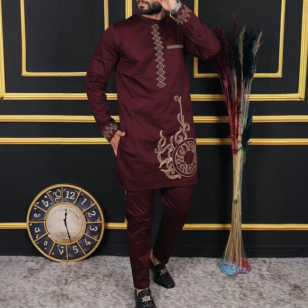 Summer New Dashiki National Dress African Men\'s Embroidery Top And Trousers Suit Wedding Dress Sunday Prayer Casual Slim Suit