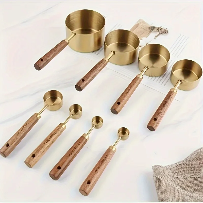 

8pcs Set Stainless Steel Measuring Cups And Spoons With Acacia Wood Handles Baking Tools Spice Spoon & Coffee Scoop