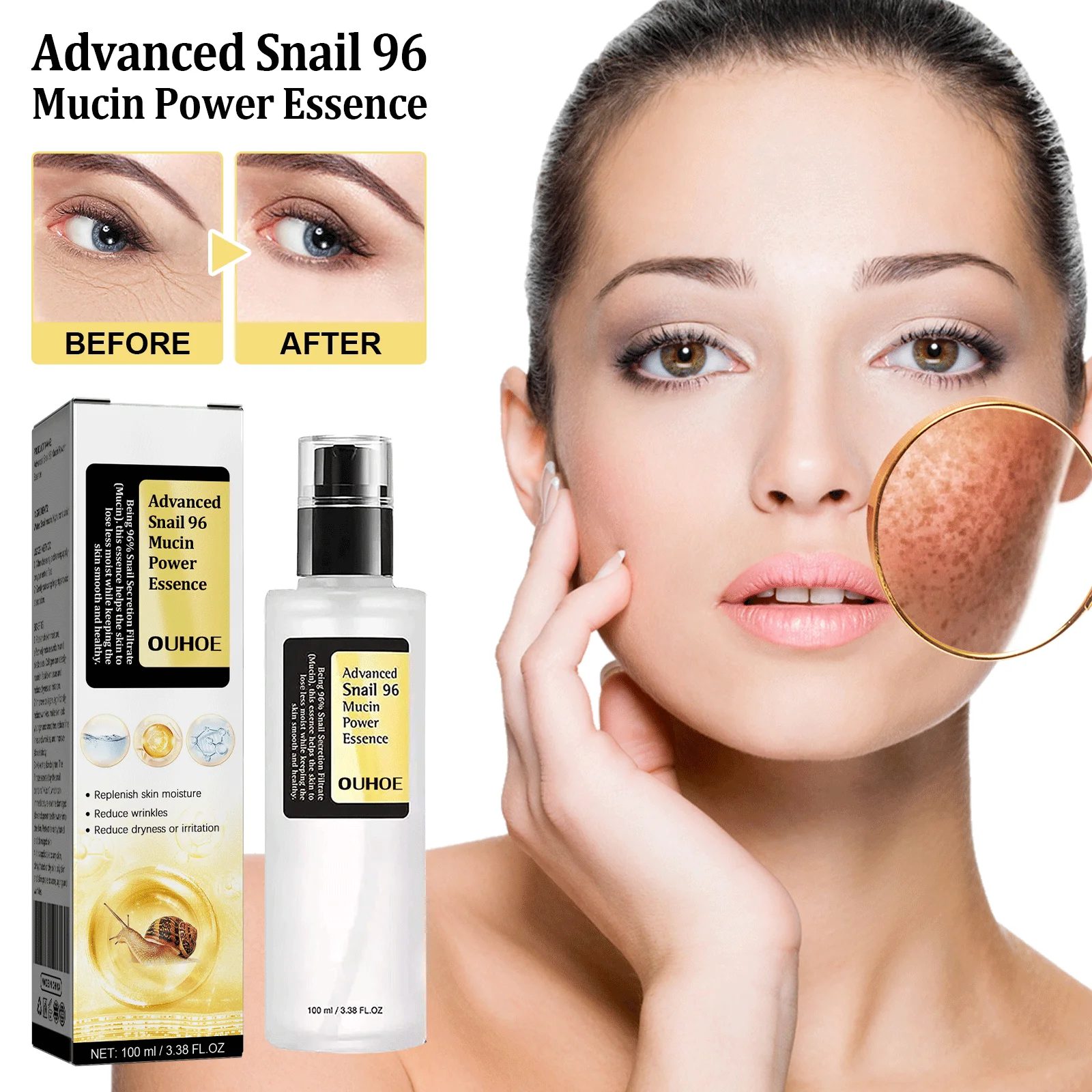 Ouhoe 96% Snail Mucin Skin Care Essence 92% Moisturizer Anti Aging Firming Facial Whitening Repair Dry Serum For Sensitive Skin