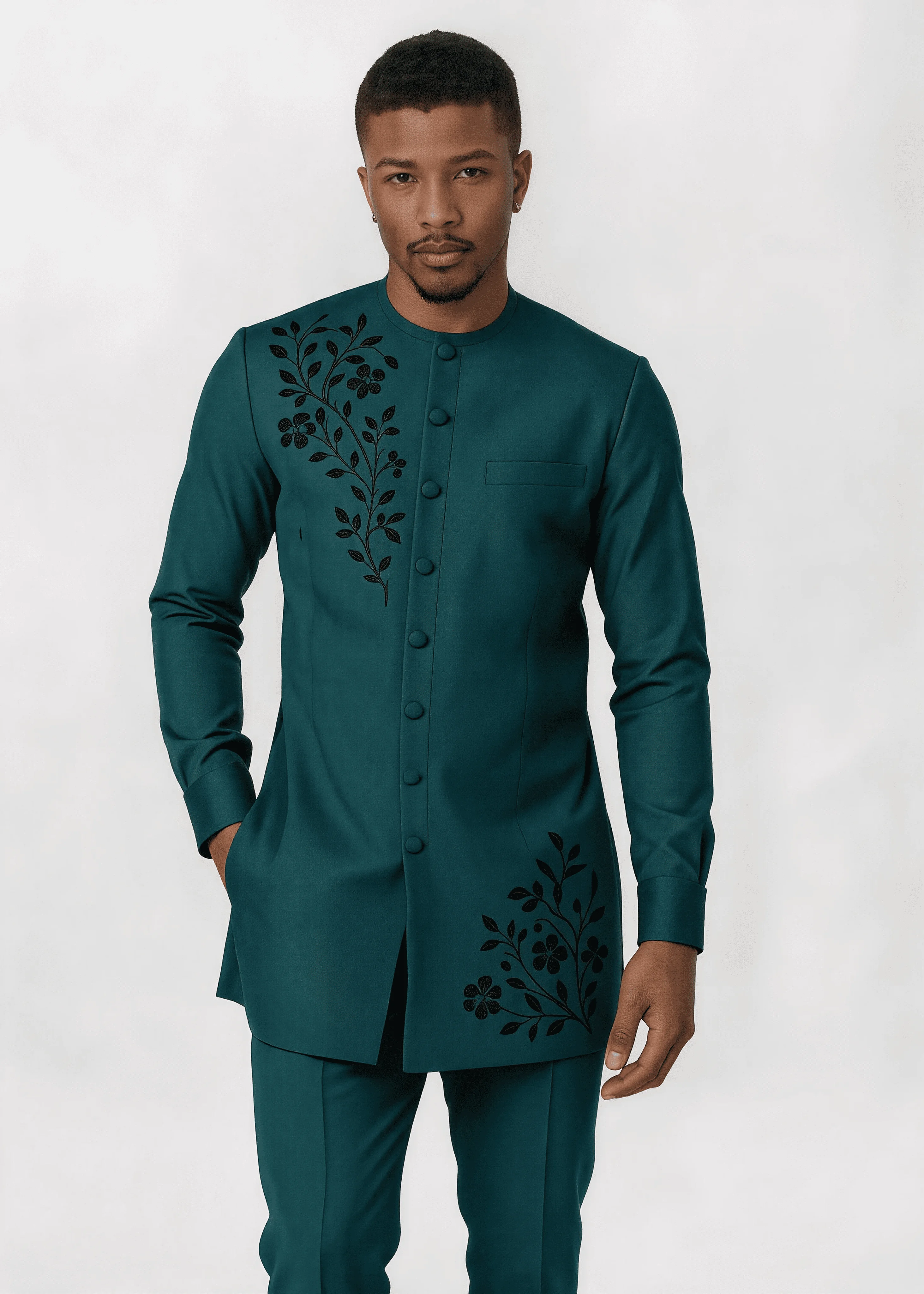 Men African 2‑Piece Outfit Teal Black Stripe Patchwork Round Neck Long Sleeve Tunic Top Pants Set Business Wedding Formal Wear