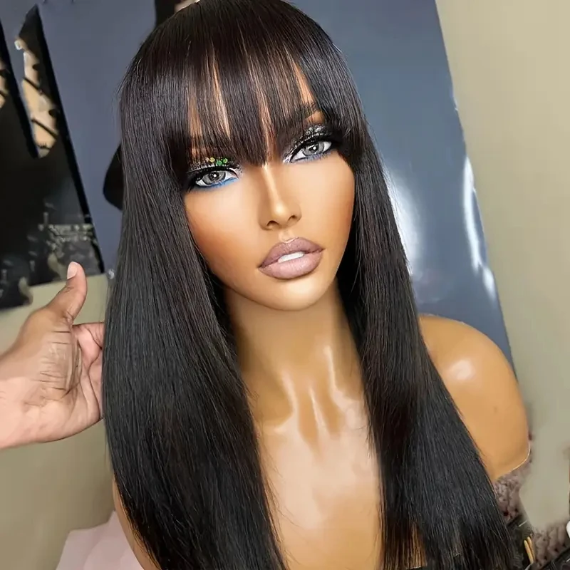 Alimice Long Straight Glueless Human Hair Wigs with Bangs Straight Virgin Human Hair Machine Made None Lace Front Natural Color