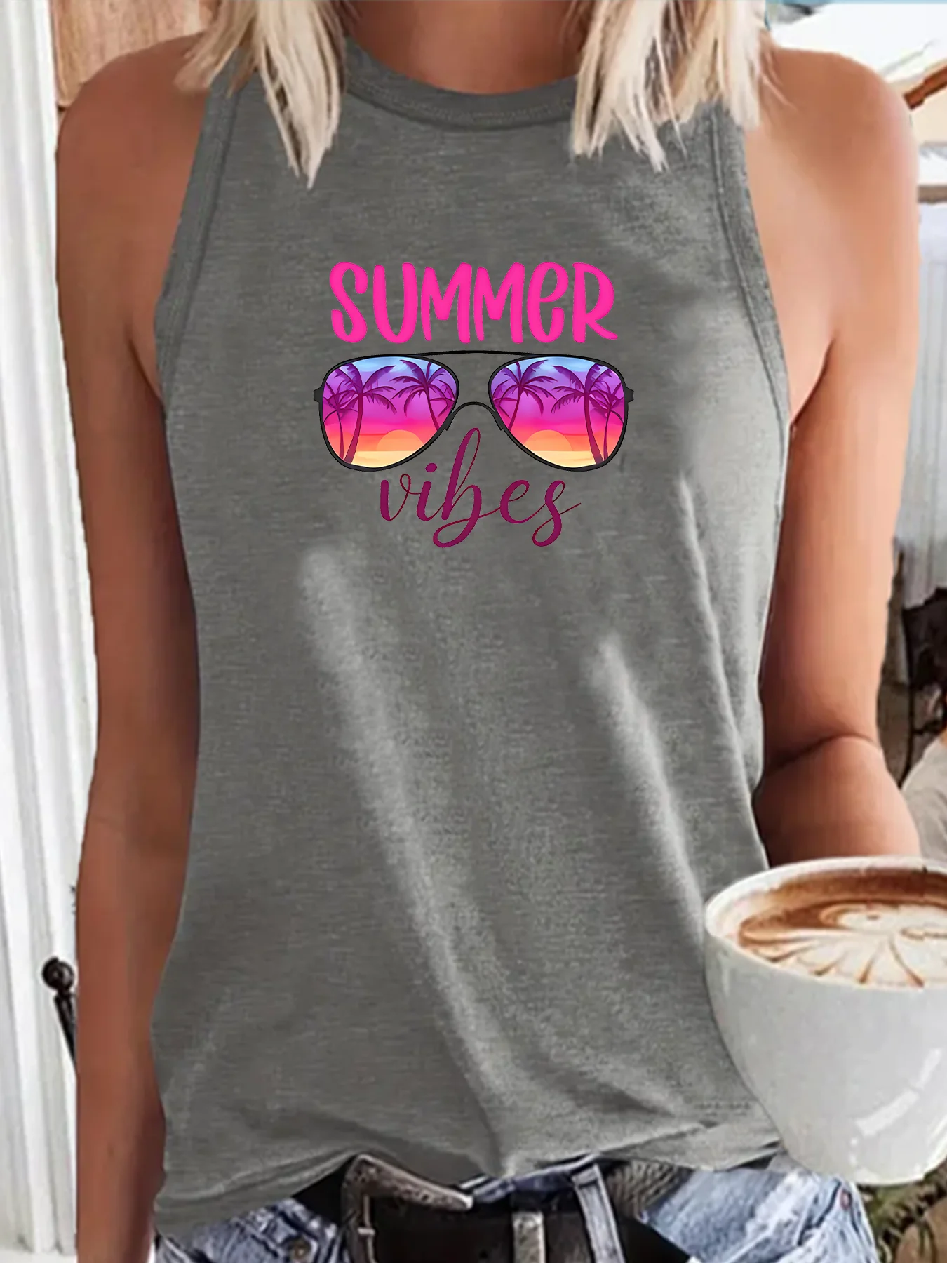 Beach  Summer vibes  Sunglasses Coconut Tree Fashion Funny Sports Women's Tank Top Loose O Neck Sleeveless Casual Tank