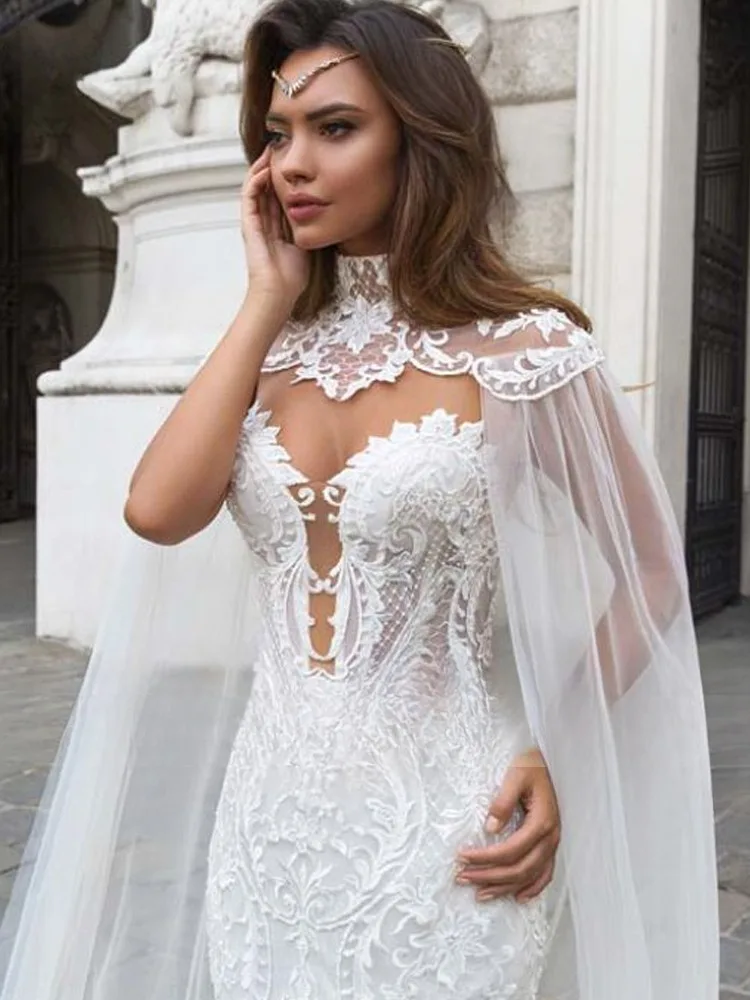 Exquisito vestido de novia de sirena transparente con cuello redondo, mangas chal desmontables, apliques de botones, cola de corte, vestido de novia trompeta