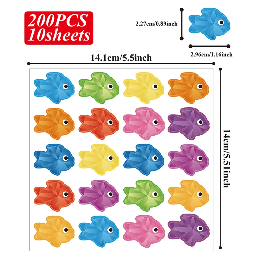 200 autocollants colorés en forme de poisson – 10 feuilles d'étiquettes auto-adhésives pour scrapbooking, emballage, bricolage artisanal, journaux.