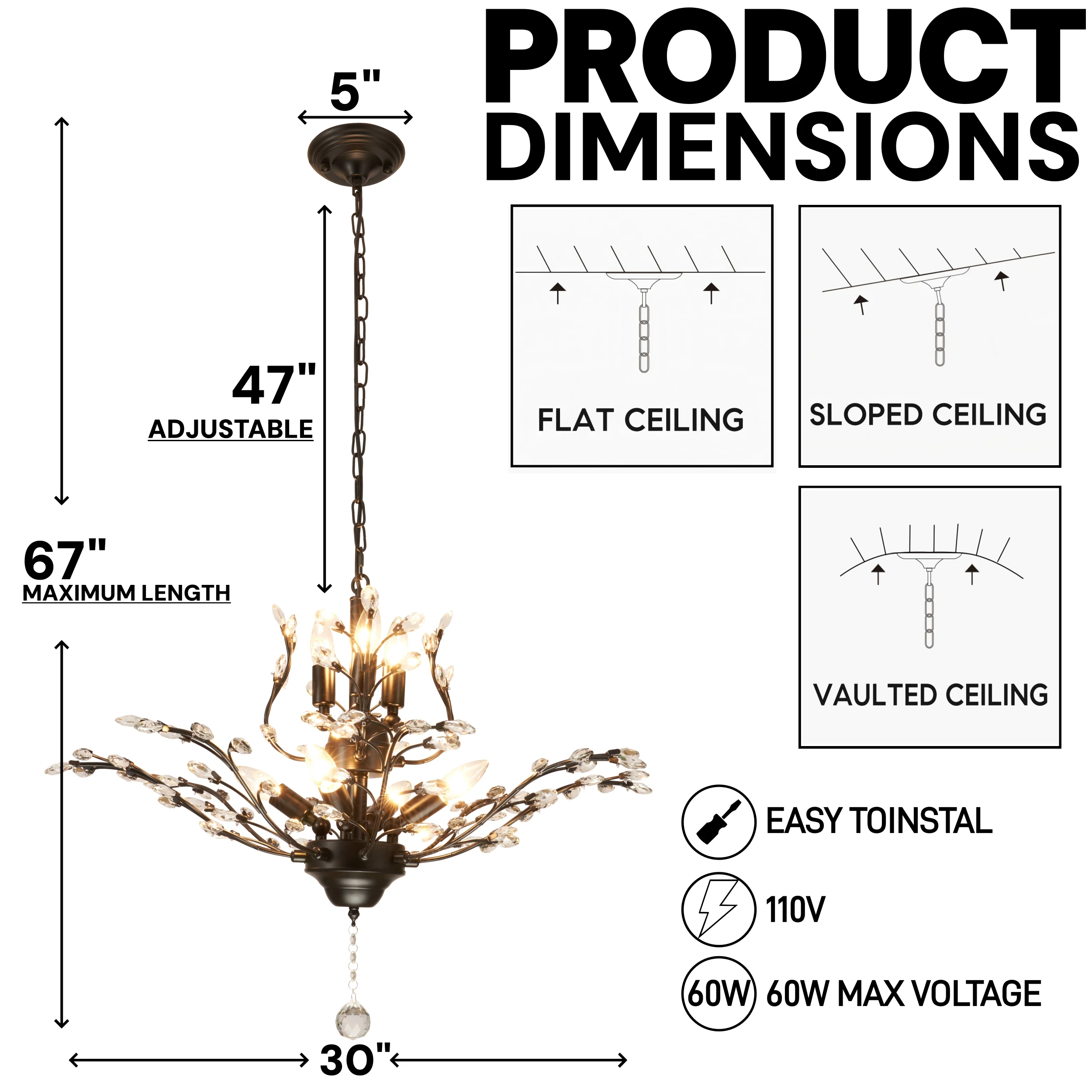 ثريا كريستال نباتية حديثة مقاس 30 بوصة مع 7 مصابيح، مناسبة لغرف النوم وغرف المعيشة.