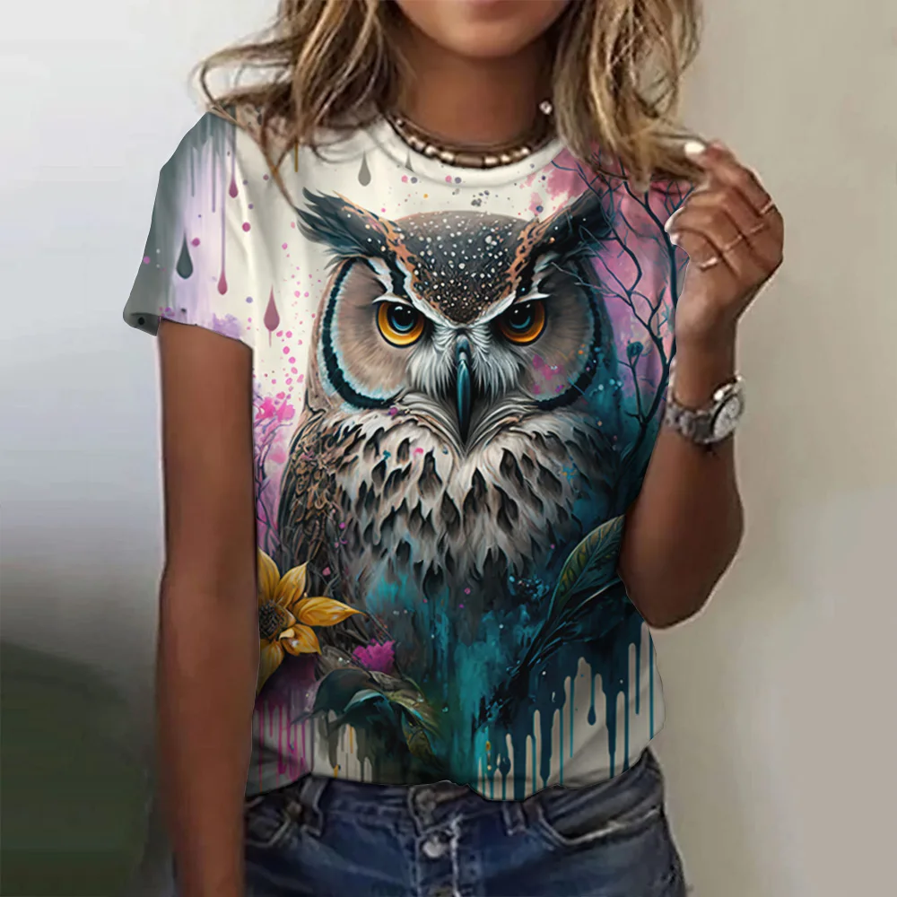 Women's T Shirts Animals Cute 3d Owl Graphic Printed Tees Fashion Short Sleeve Tops Streetwear Oversized Female Clothing Summer